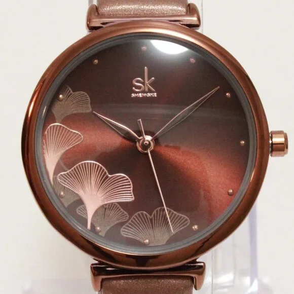 Ladies Casual Watch Ginkgo Biloba Design Dial Coffee Colored Strap 32mm - Picture 9 of 11